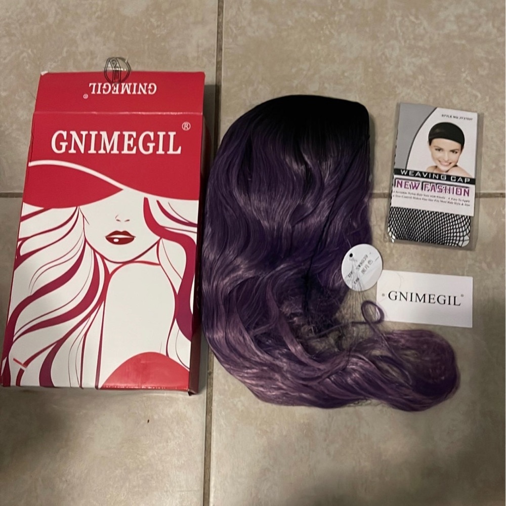 GNIMEGIL 20 Inch Long Natural Wavy Wig Dark Roots Purple Wigs Heat Synthet